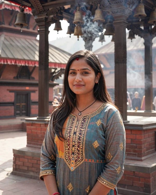 Nepali woman wearing traditional kurta suruwal with red tika near a Hindu temple in Kathmandu Durbar Square - explore Nepali dating culture
