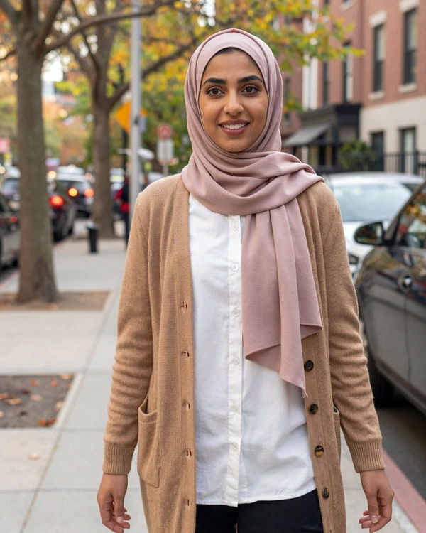 Yemeni-American woman walking confidently on a tree-lined American sidewalk - meet Yemeni women in the US through our dating platform