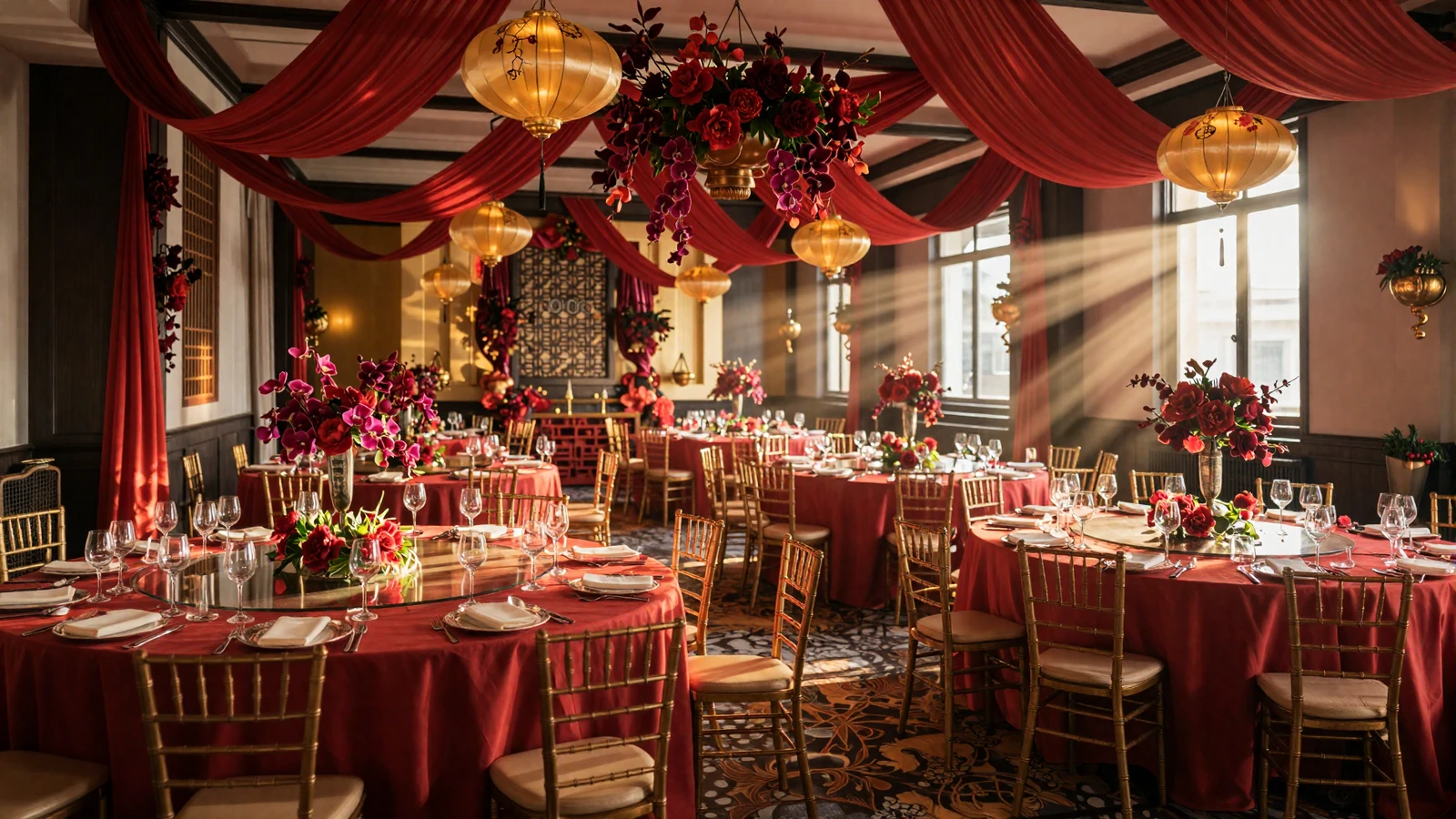 Elegant Asian wedding ceremony venue with red and gold decorations - guide to Asian wedding traditions
