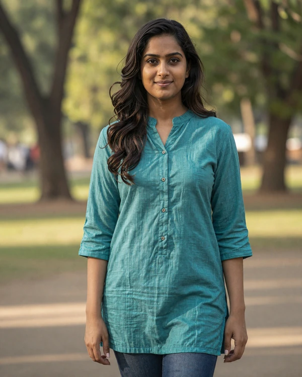 Indian woman in casual attire smiling in park - meet South Asian singles on our dating platform