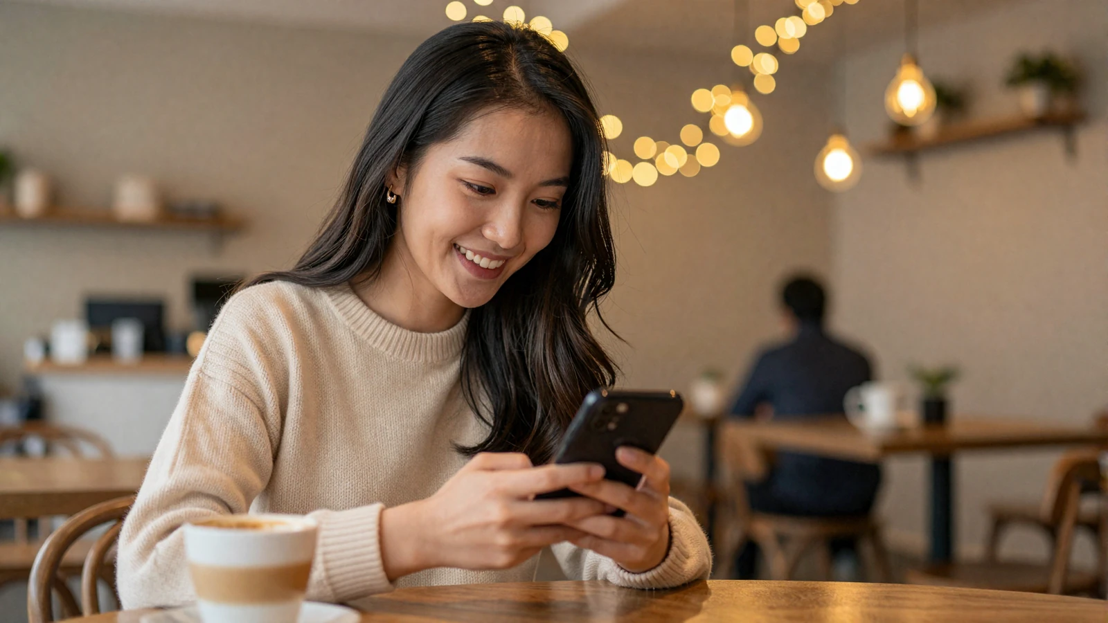 Smiling Asian woman reading a dating profile on her phone in a cozy cafe - learn how to write a dating profile that gets replies