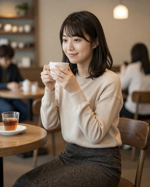 Japanese woman in cozy cafe setting - discover East Asian dating culture and meet singles online