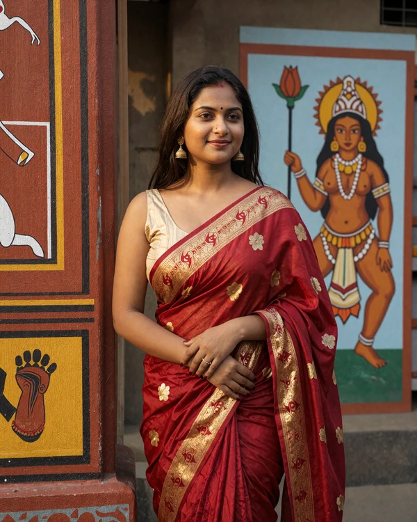 Bangladeshi woman wearing a red jamdani saree near a Pohela Boishakh mural in Dhaka - explore Bengali dating culture on our platform
