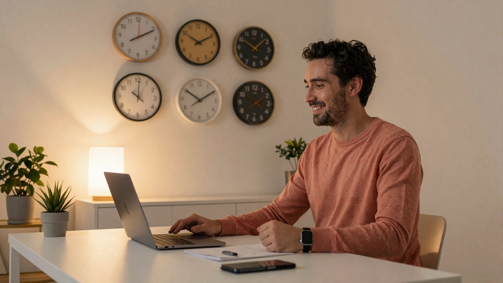 Cozy evening setup for a long distance video call with world clocks showing different time zones