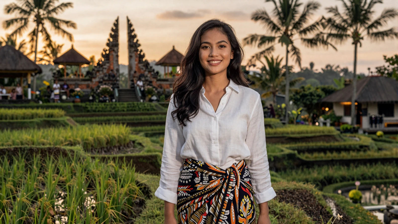Beautiful Indonesian woman in modern outfit on Bali rice terrace at golden hour - meet Indonesian singles online for serious relationships
