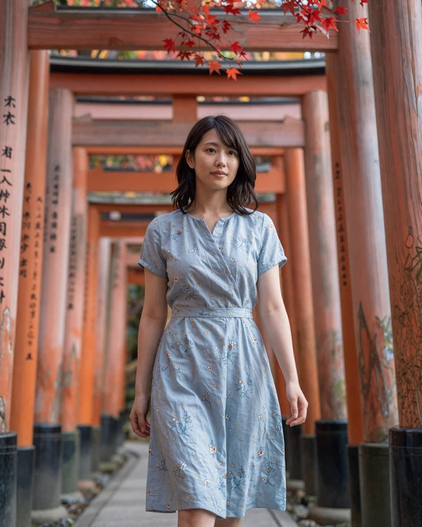 Elegant Japanese woman walking through traditional torii gate pathway in autumn - experience Japanese dating culture firsthand