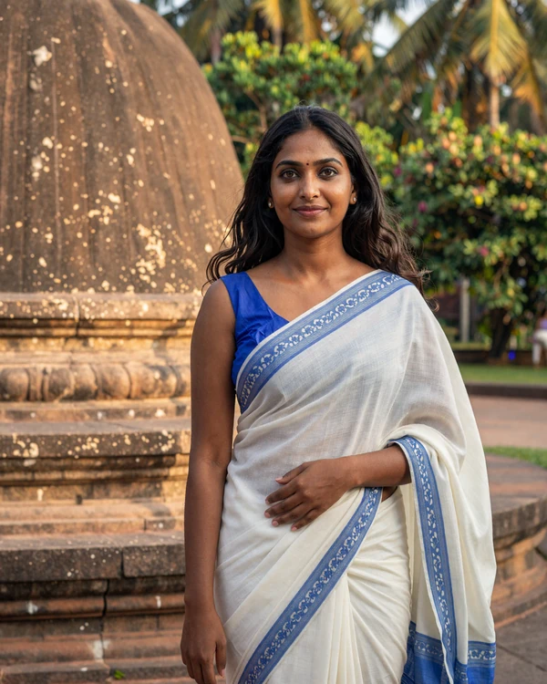 Sri Lankan woman wearing traditional white saree near an ancient Buddhist stupa in Anuradhapura - explore Sri Lankan dating culture