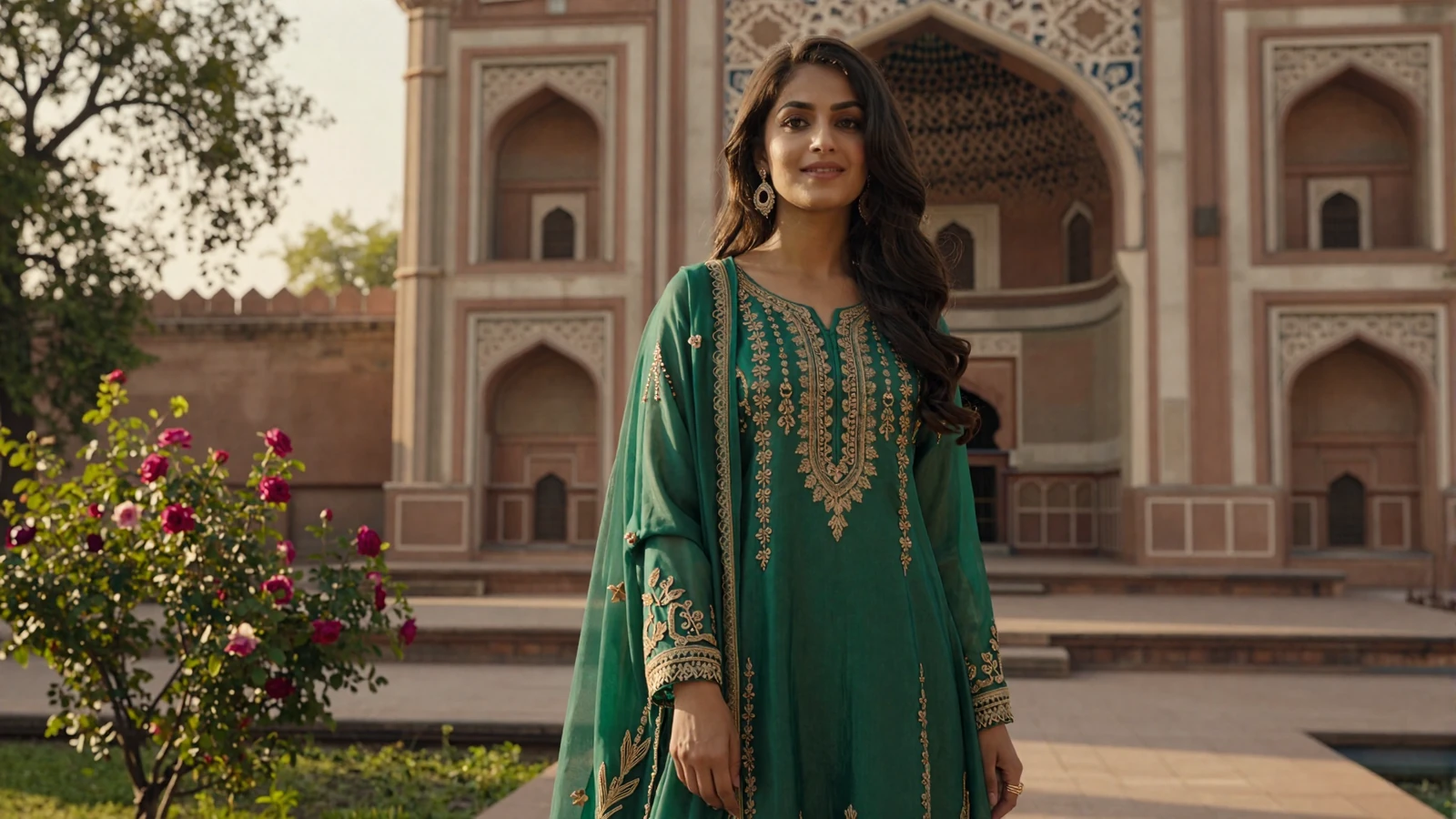 Beautiful Pakistani woman in elegant green shalwar kameez smiling in a Lahore rose garden - meet Pakistani singles online