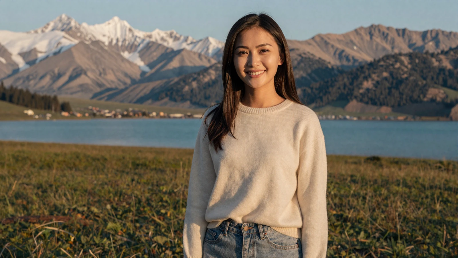 Beautiful Kyrgyz woman smiling on an alpine meadow with snow-capped Tian Shan mountains - meet Kyrgyz women for serious dating online