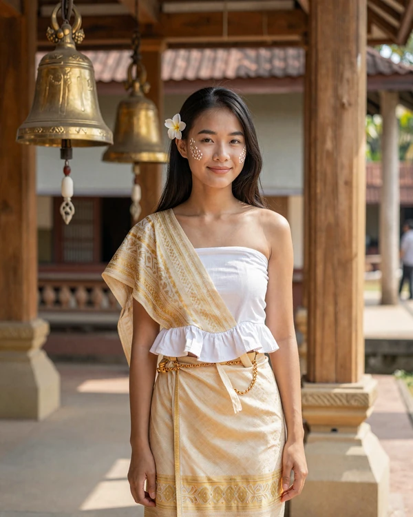 Burmese woman in traditional htamein longyi in a sunlit monastery courtyard - explore Burmese dating culture and traditions on our platform