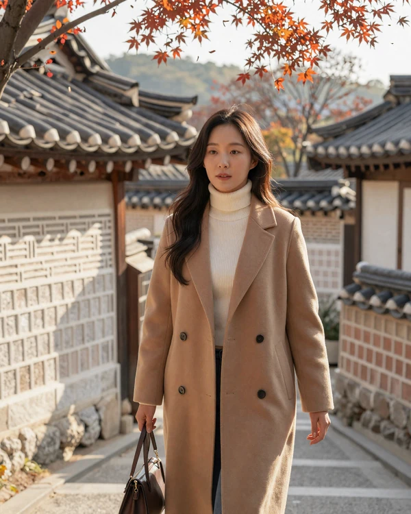 Stylish Korean woman walking through traditional Seoul hanok village in autumn - explore Korean dating culture on our platform