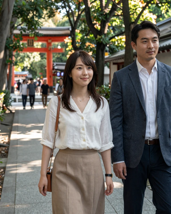 Japanese couple walking through tree-lined Tokyo sidewalk - learn Japanese dating etiquette for meaningful connections