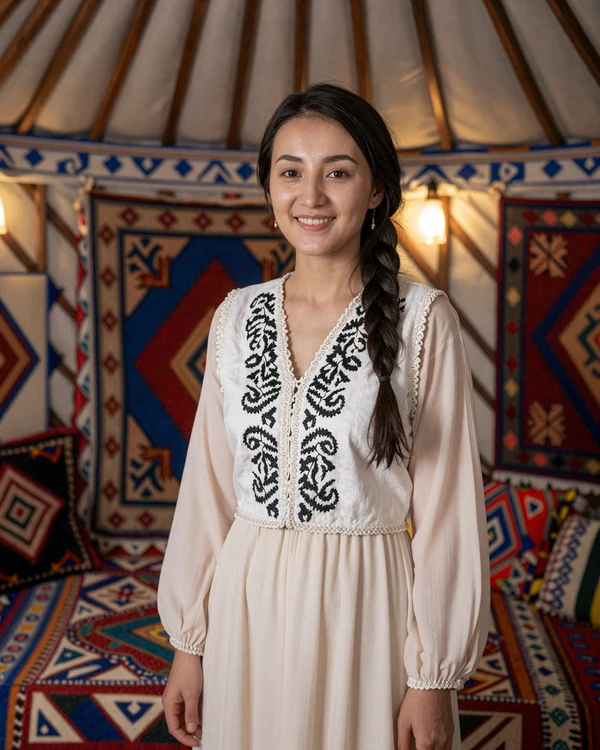 Kyrgyz woman in embroidered vest inside a traditional yurt with colorful felt carpets - discover Kyrgyz nomadic dating culture