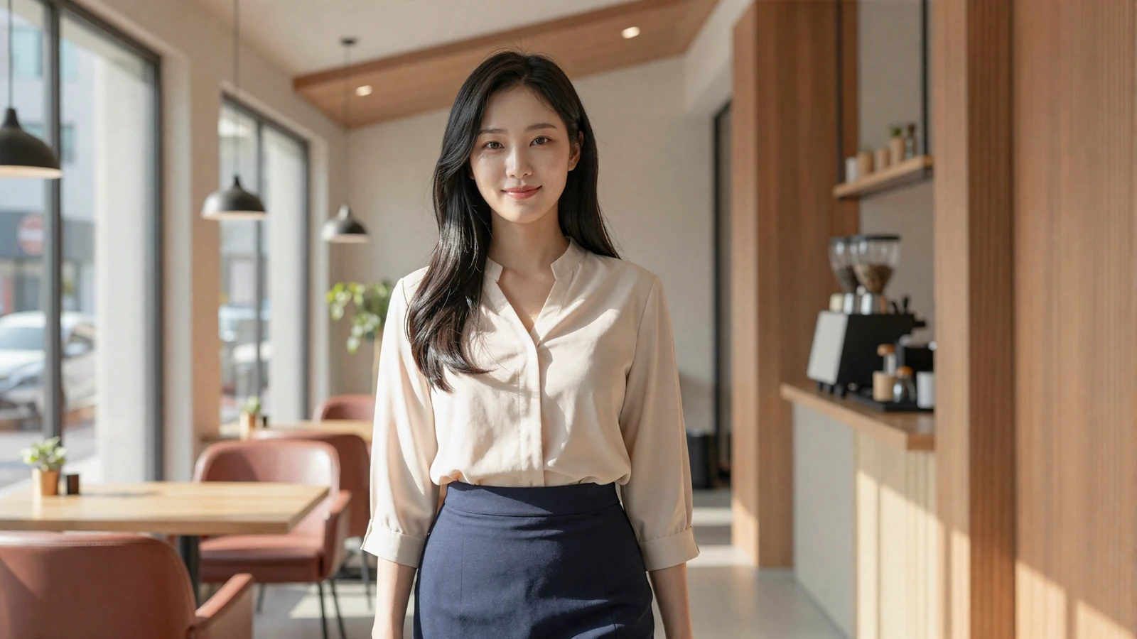 Beautiful Korean woman smiling warmly in a sunlit modern cafe - discover North Korean women dating on a trusted overseas dating platform