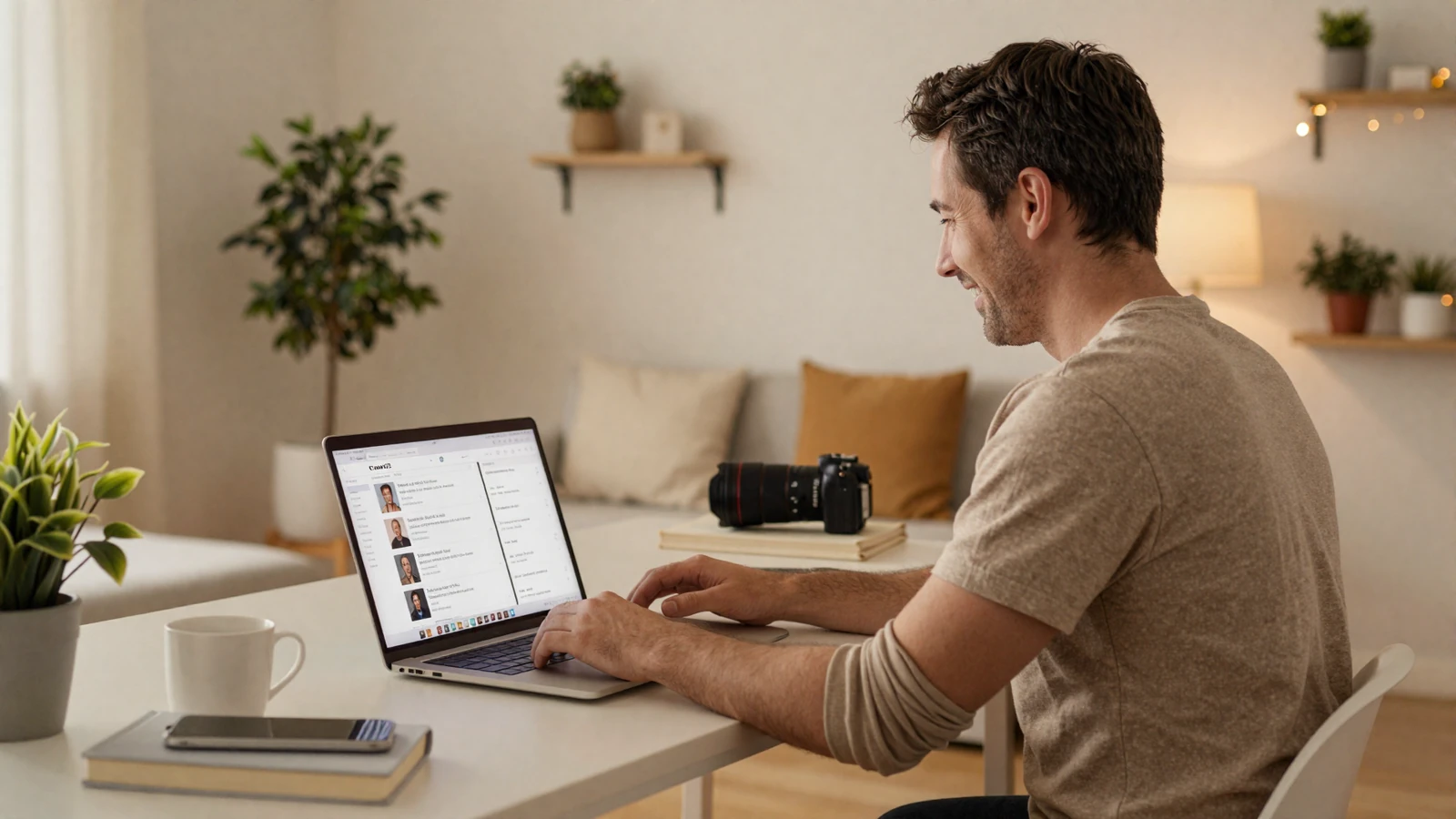 Man browsing Asian dating profiles on laptop in a cozy home setting - online dating beginners guide