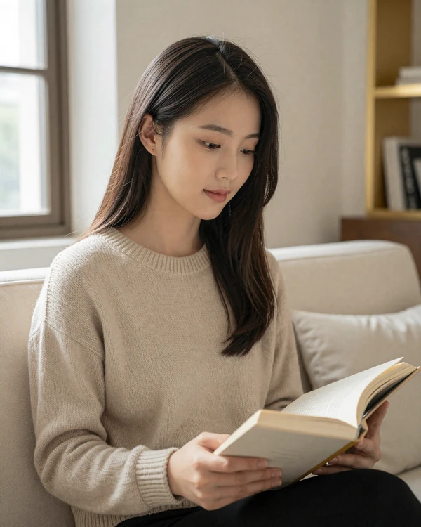 Korean woman reading peacefully in a modern home - understanding the reality of North Korean women dating and diaspora connections