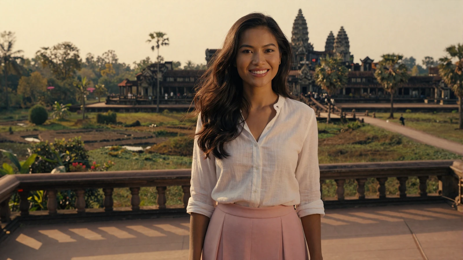 Beautiful Cambodian woman smiling warmly on a sunlit terrace with Angkor Wat temple silhouette in the background - meet Cambodian women for dating online