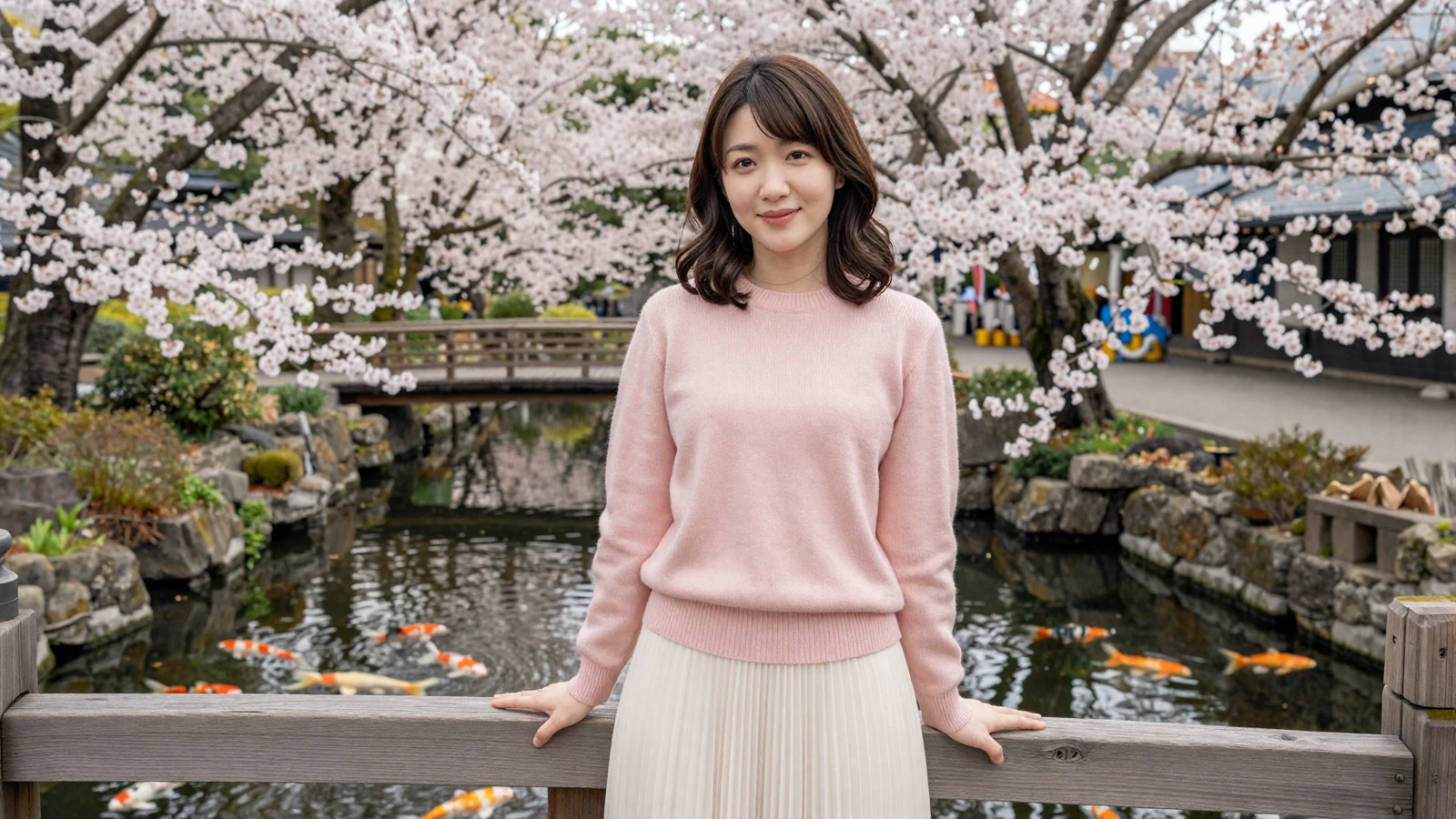 Beautiful Japanese woman in elegant attire smiling near cherry blossoms - discover Japanese women dating on our platform