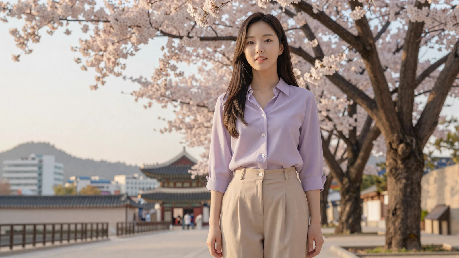 Beautiful Korean woman in elegant lavender blouse walking among cherry blossoms near Gyeongbokgung Palace in Seoul - meet Korean singles online