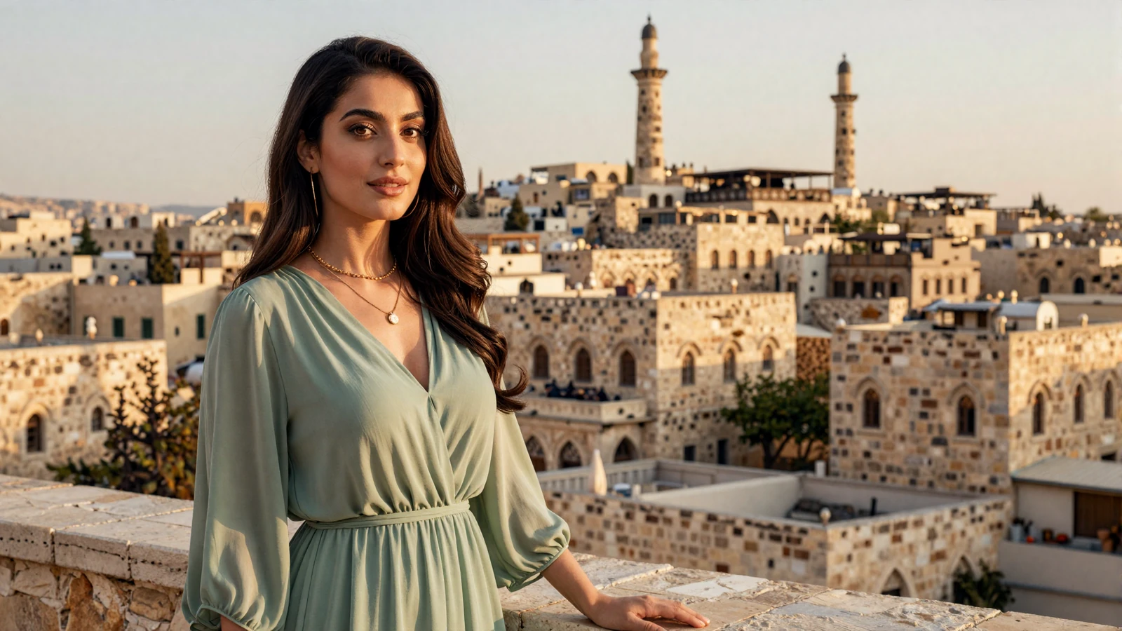 Beautiful Jordanian woman in elegant green dress smiling warmly on a terrace overlooking Amman - meet Jordanian women for serious dating online