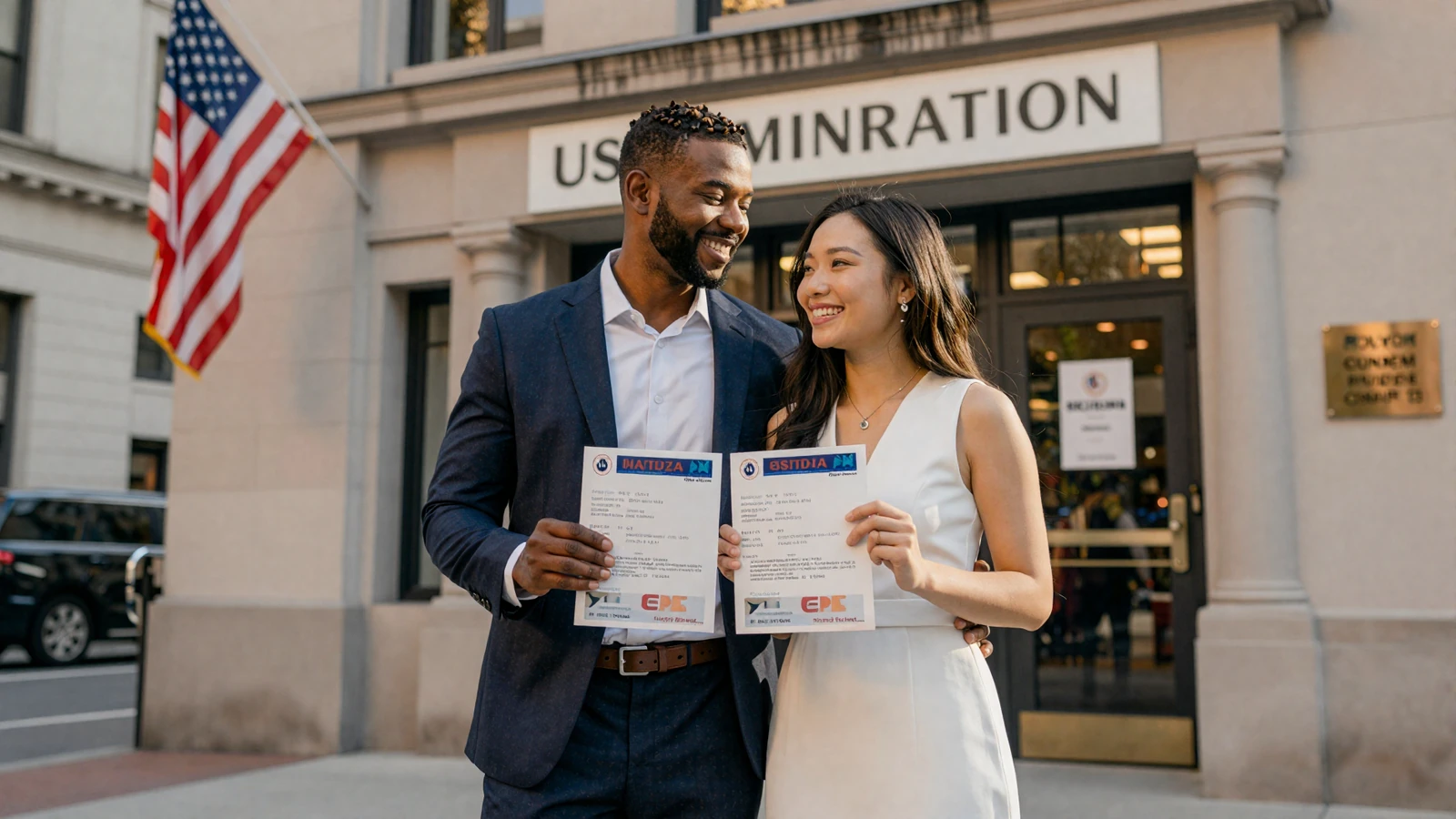 Happy interracial couple outside immigration office with approved visa - guide to marrying someone from another country