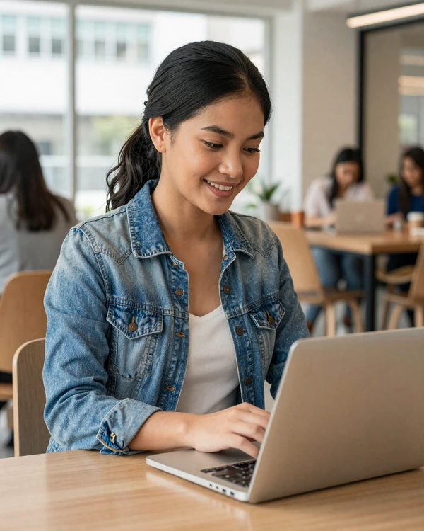 Filipina woman using her laptop at a modern Manila workspace - online dating in the Philippines connects educated women with American men