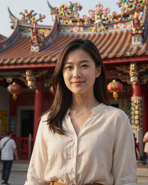 Taiwanese woman standing near a traditional red temple in Tainan - explore Taiwanese dating culture and traditions on our platform