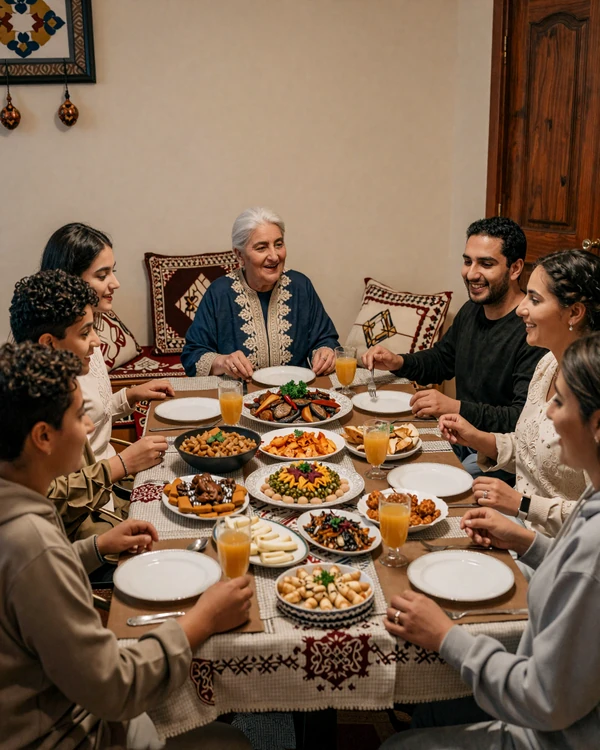 Jordanian multigenerational family sharing a traditional mansaf meal - family bonds are central to Jordanian dating culture