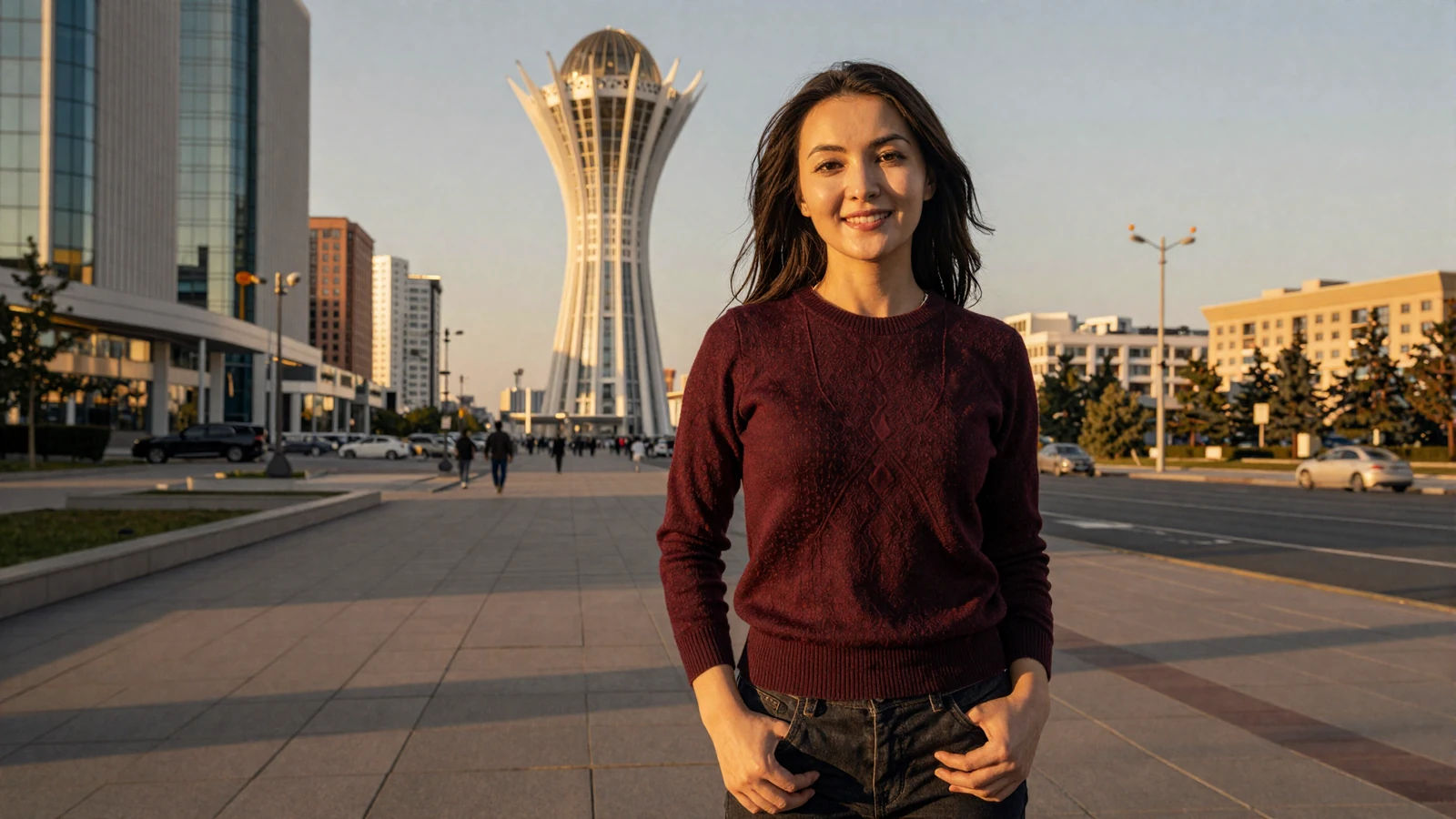 Stylish Kazakh woman smiling warmly on a modern city promenade with Astana skyline - meet Kazakh women for serious dating online