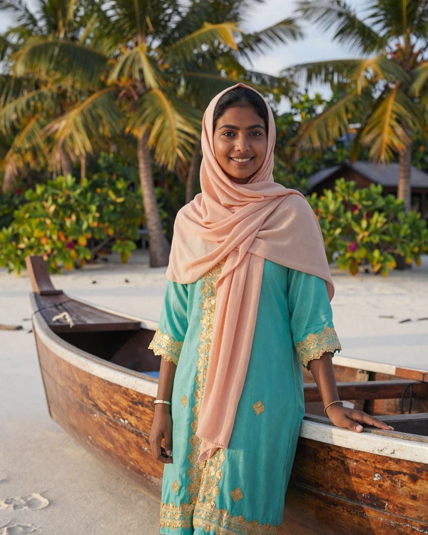 Maldivian woman wearing traditional libaas dress near a wooden dhoni boat on a tropical beach - explore Maldivian dating culture