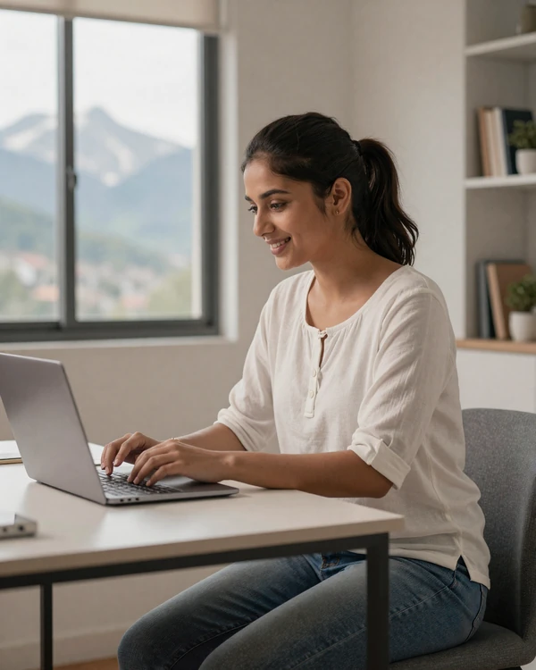 Nepali woman using laptop in modern Kathmandu apartment with mountain view - online dating in Nepal is growing among educated women