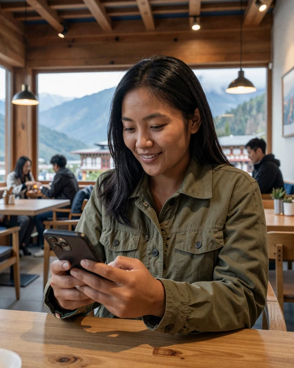 Bhutanese woman using a smartphone at a cozy Thimphu cafe - online dating is growing among educated Bhutanese women