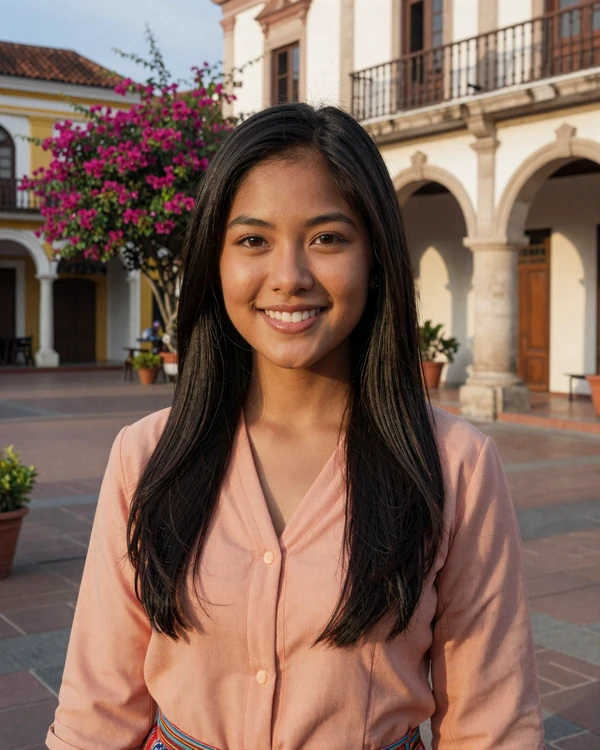 Filipina woman wearing a modern terno-inspired blouse in a Manila colonial courtyard - explore Filipino dating culture traditions on our platform