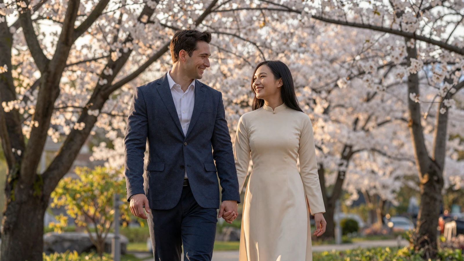 Multicultural couple walking through Asian garden - cultural differences in relationships guide