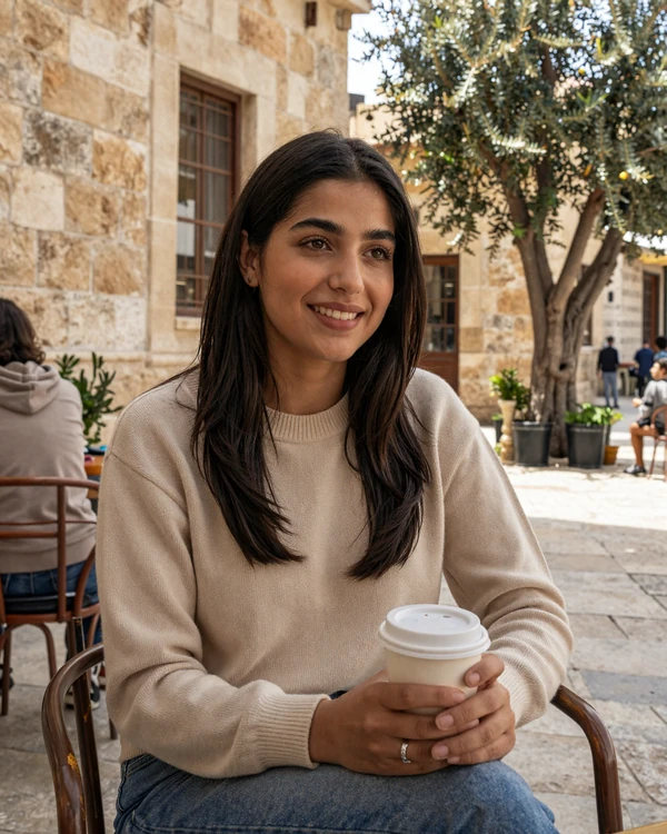Jordanian woman enjoying coffee at an outdoor cafe in Amman - explore Jordanian dating culture on our platform