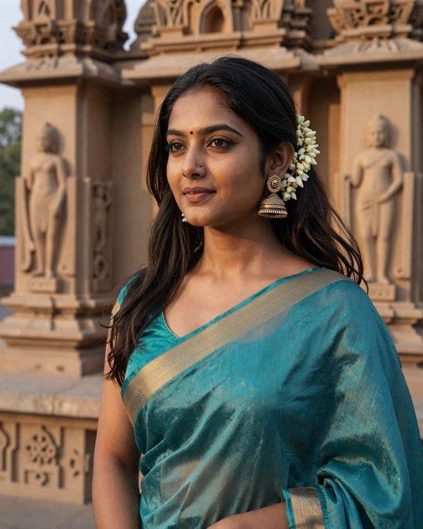 Indian woman wearing elegant turquoise saree with jasmine flowers near a carved sandstone temple - explore Indian matchmaking culture on our platform