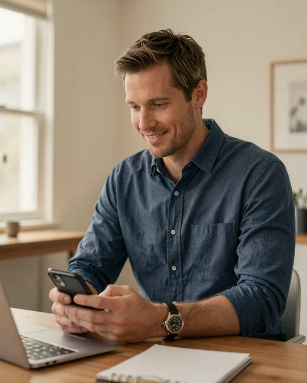 American man thoughtfully reading a message from his Asian partner - emotional awareness in online dating