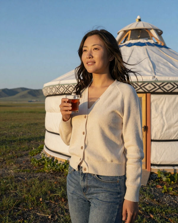 Mongolian woman enjoying tea near a traditional ger on the green steppe - explore Mongolian dating culture on our platform