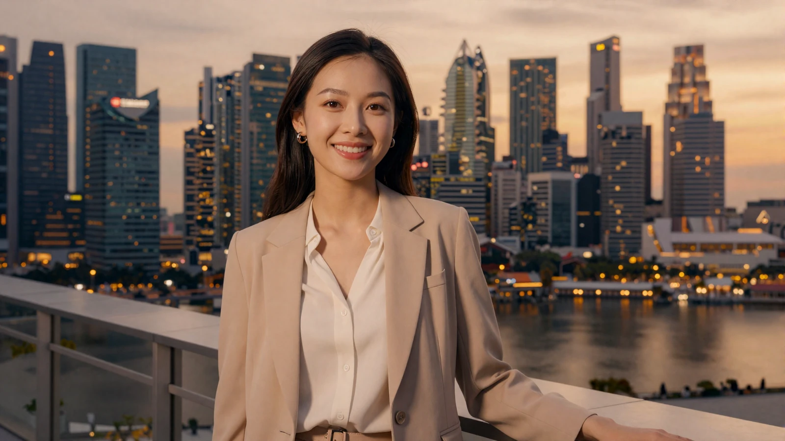Beautiful Singaporean woman smiling confidently on a modern rooftop terrace with Marina Bay Sands skyline at golden hour - meet Singaporean women for serious dating online