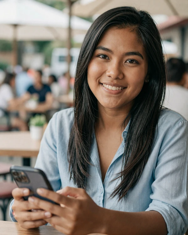 Filipina woman browsing dating app at outdoor cafe - best dating platforms for meeting Filipino women