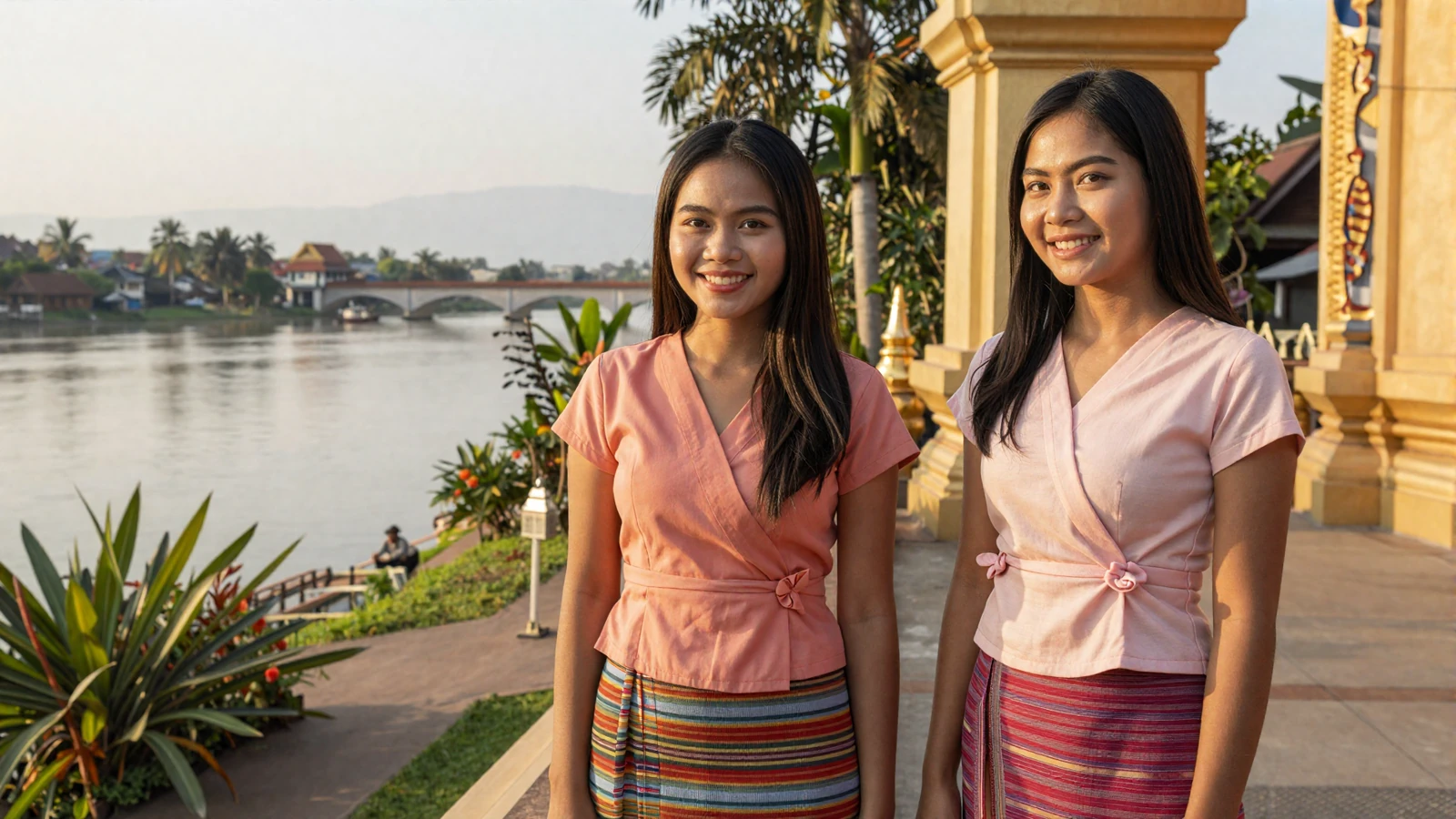 Beautiful Laotian women smiling warmly near a golden Buddhist temple along the Mekong River - meet Laotian women for serious dating online