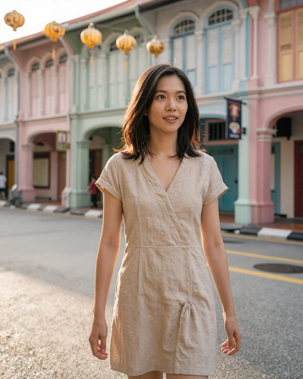 Singaporean woman strolling through colorful Chinatown shophouses in afternoon light - explore Singaporean dating culture on our platform