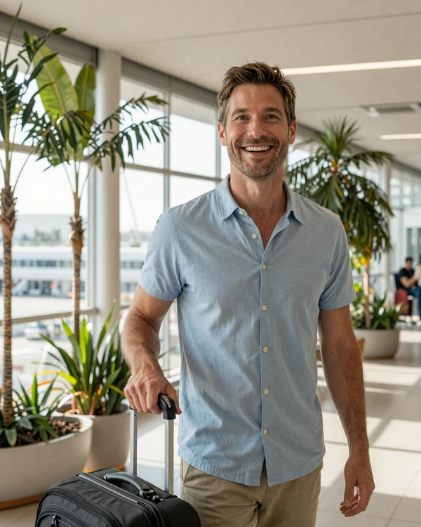 Man with suitcase at an airport terminal preparing for his first international visit to meet his Asian partner