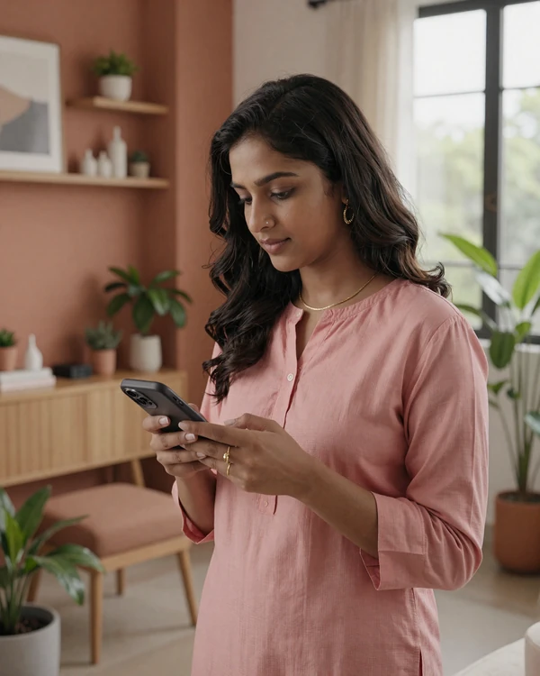 Indian woman using smartphone at her modern apartment in India - online Indian matchmaking and dating is growing rapidly among educated women