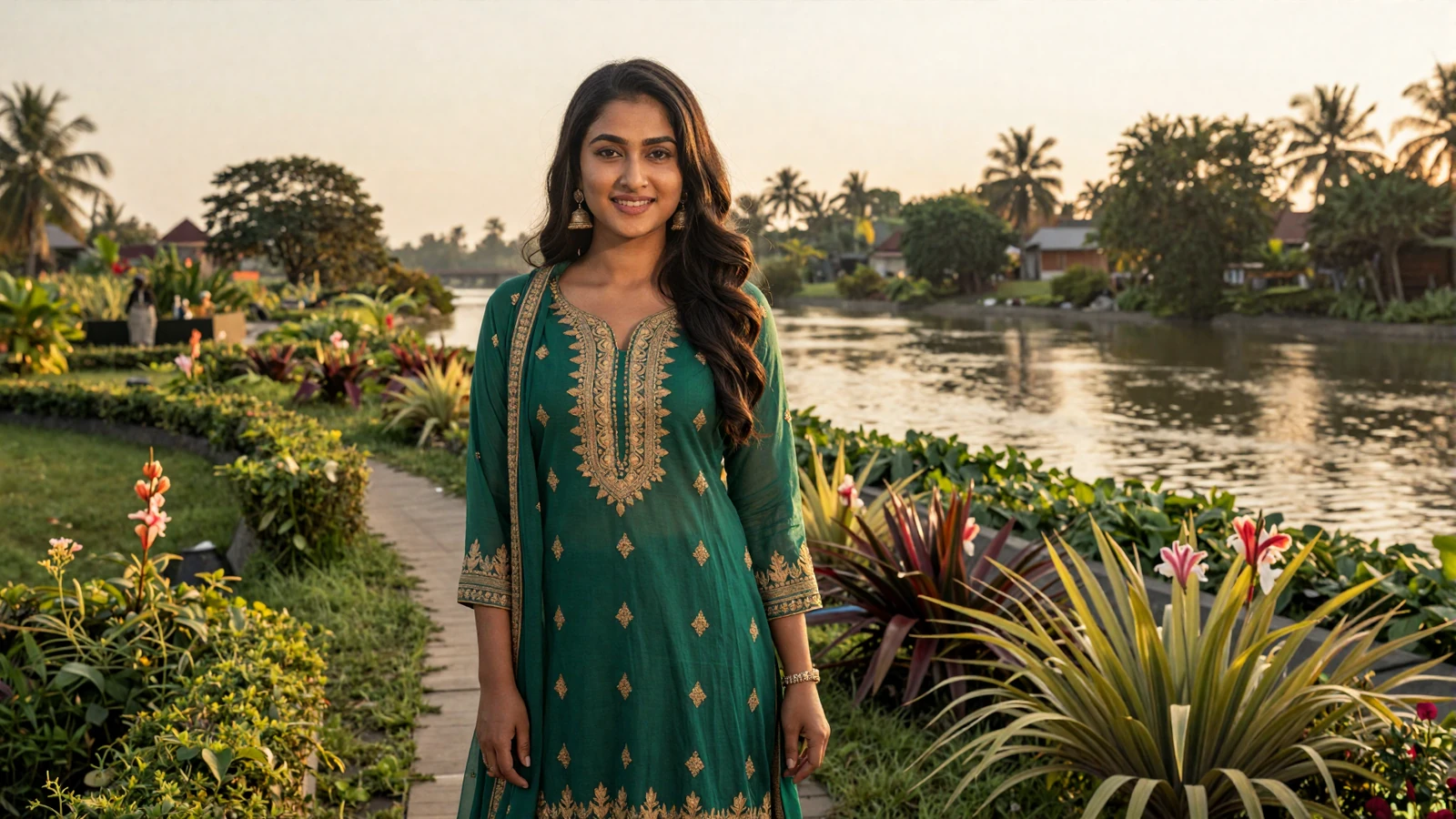 Beautiful Bangladeshi woman in elegant green salwar kameez smiling in a lush Bengal garden - meet Bangladeshi singles online
