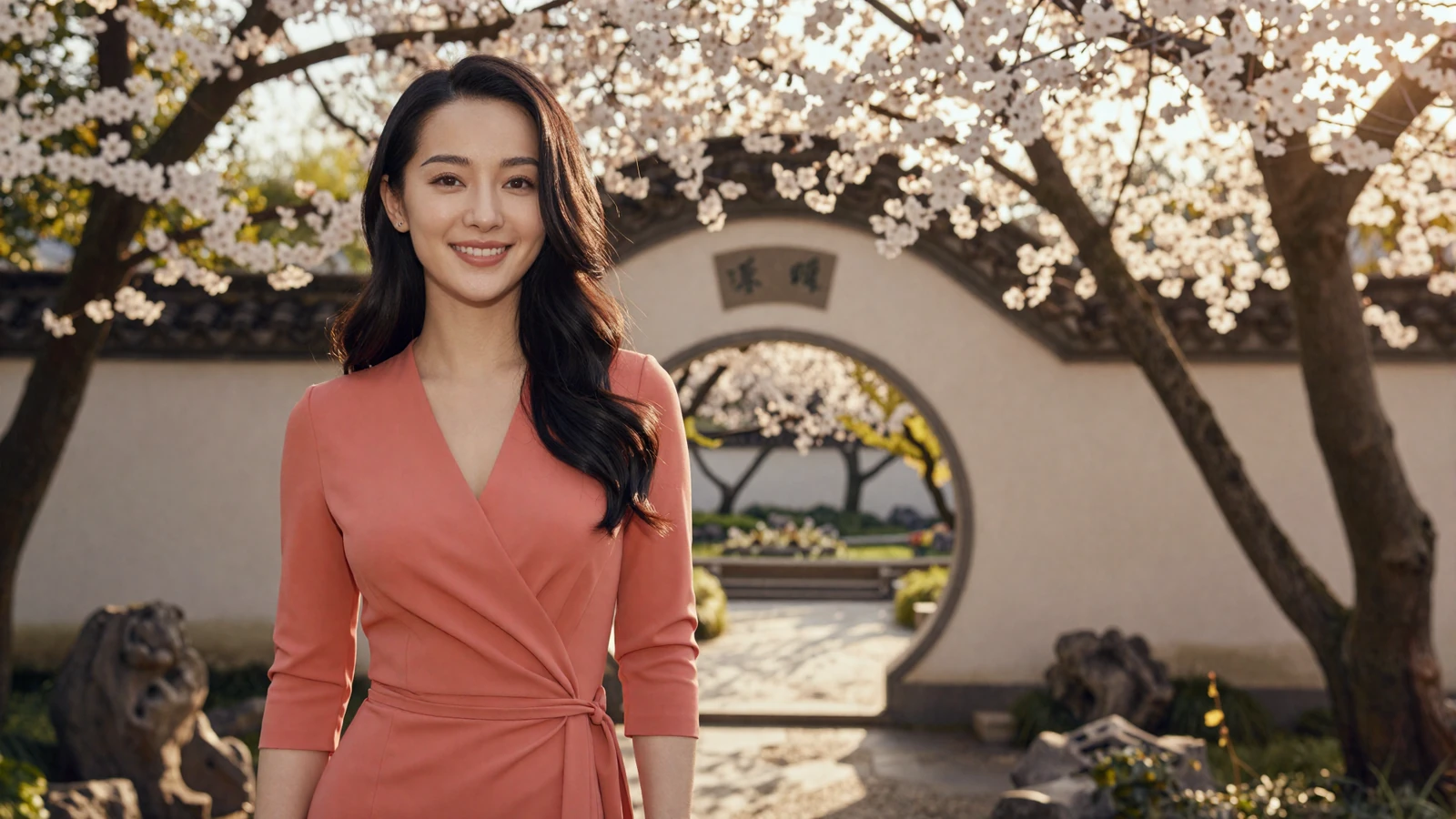 Beautiful Chinese woman in elegant coral dress smiling in a traditional garden with cherry blossoms - meet Chinese singles online for serious relationships