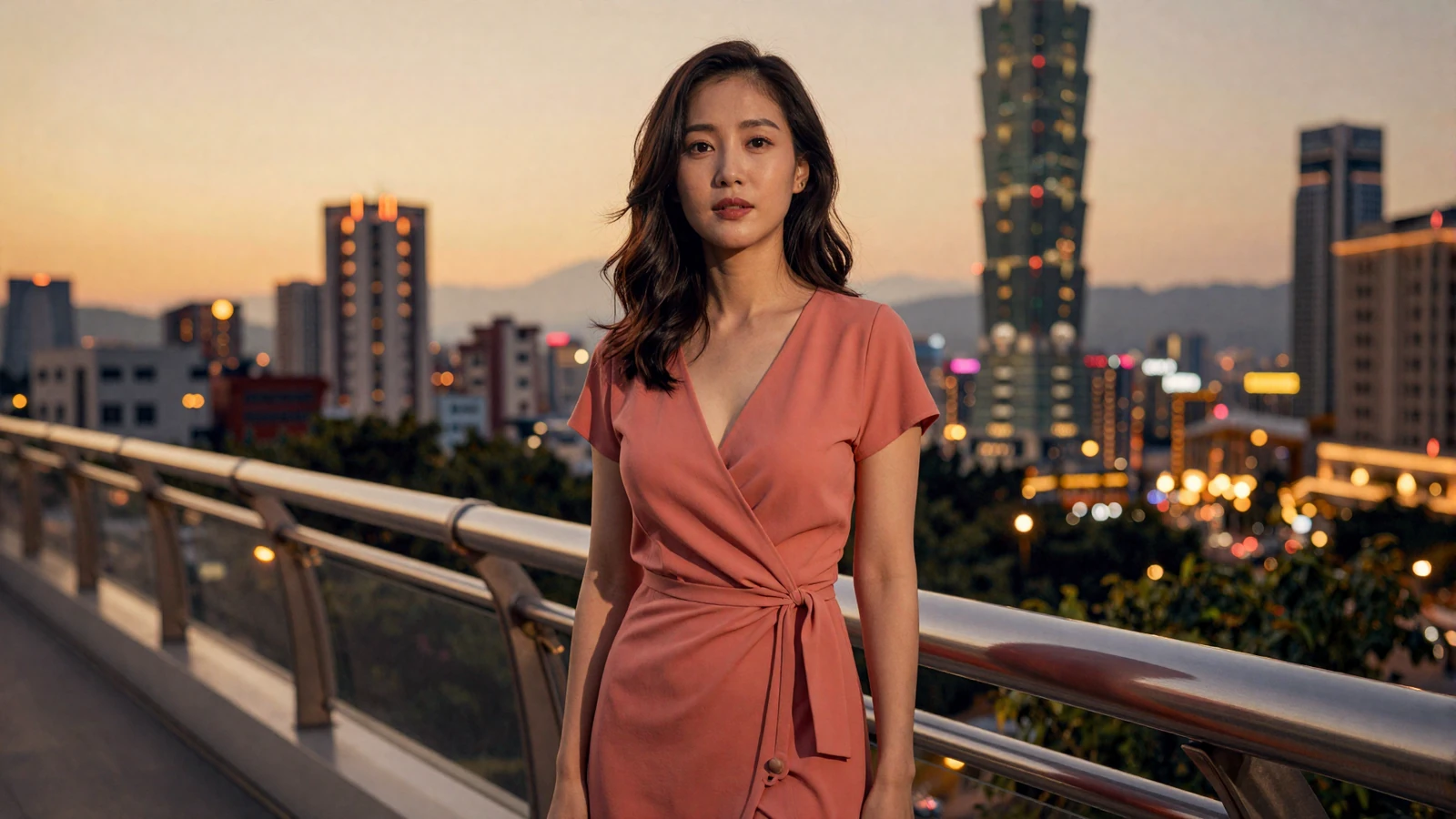 Beautiful Taiwanese woman in elegant coral dress standing on a Taipei bridge at golden hour - meet Taiwanese women for serious dating online