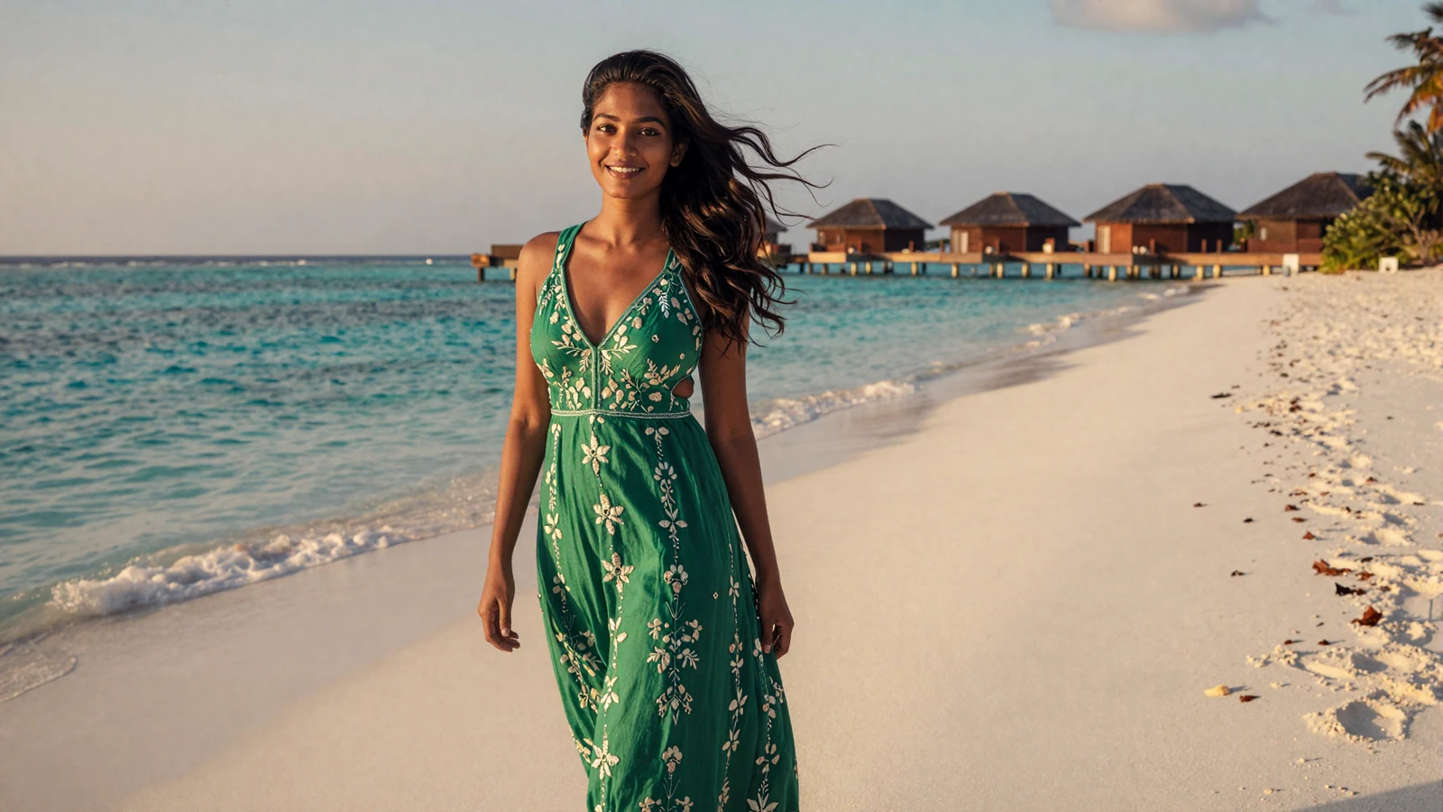Beautiful Maldivian woman in elegant green dress smiling on white sand beach with turquoise ocean - meet Maldivian singles online
