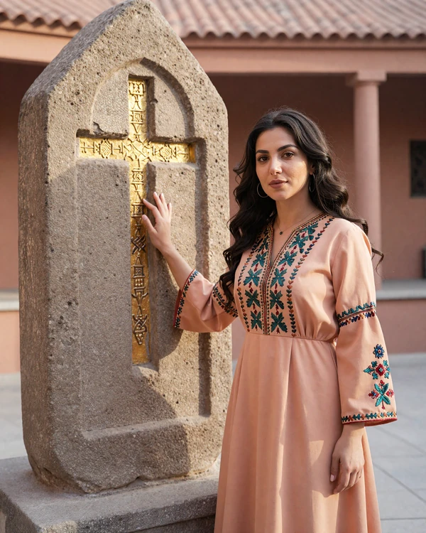 Armenian woman in traditional embroidered dress standing beside an ancient khachkar stone cross at a monastery - explore Armenian dating culture on our platform