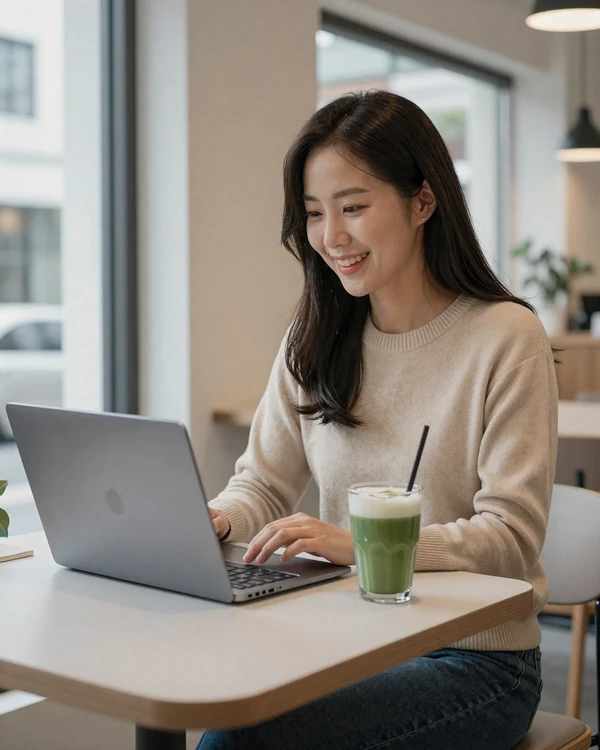 Korean woman video calling from a modern Seoul cafe - online dating with Korean singles is growing among women open to international relationships